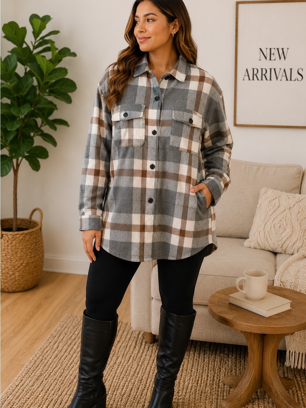 Plaid Button-Down Shirt Jacket - Gray & Brown